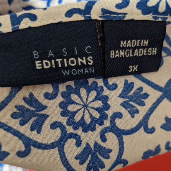 Basic Editions cotton plus size 3X blouse top geometric print blue/white beaded - Picture 4 of 8